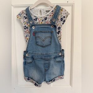 Levi's Light Blue Denim Girls' Short Overalls with Floral Tee